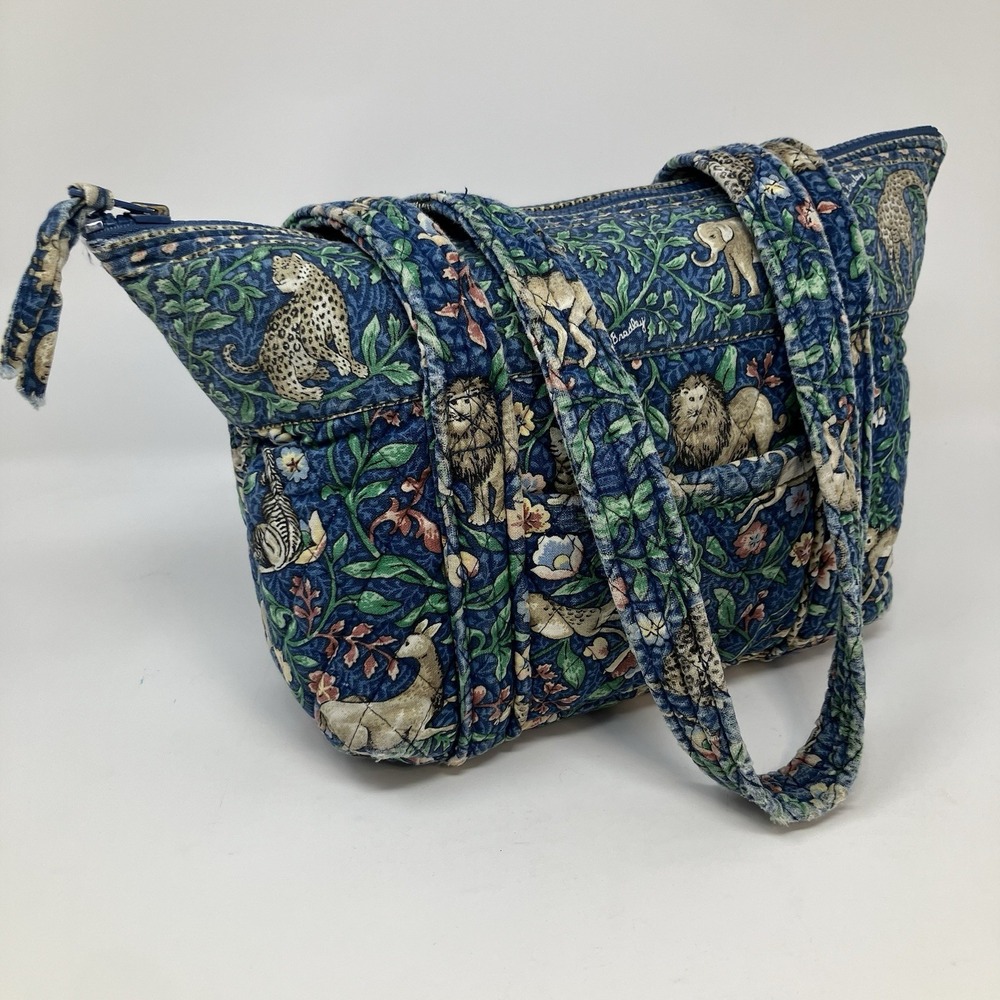 Vintage Vera Bradley Quilted Cotton Shoulder Bag Safari Animals Tiger Lion Blue